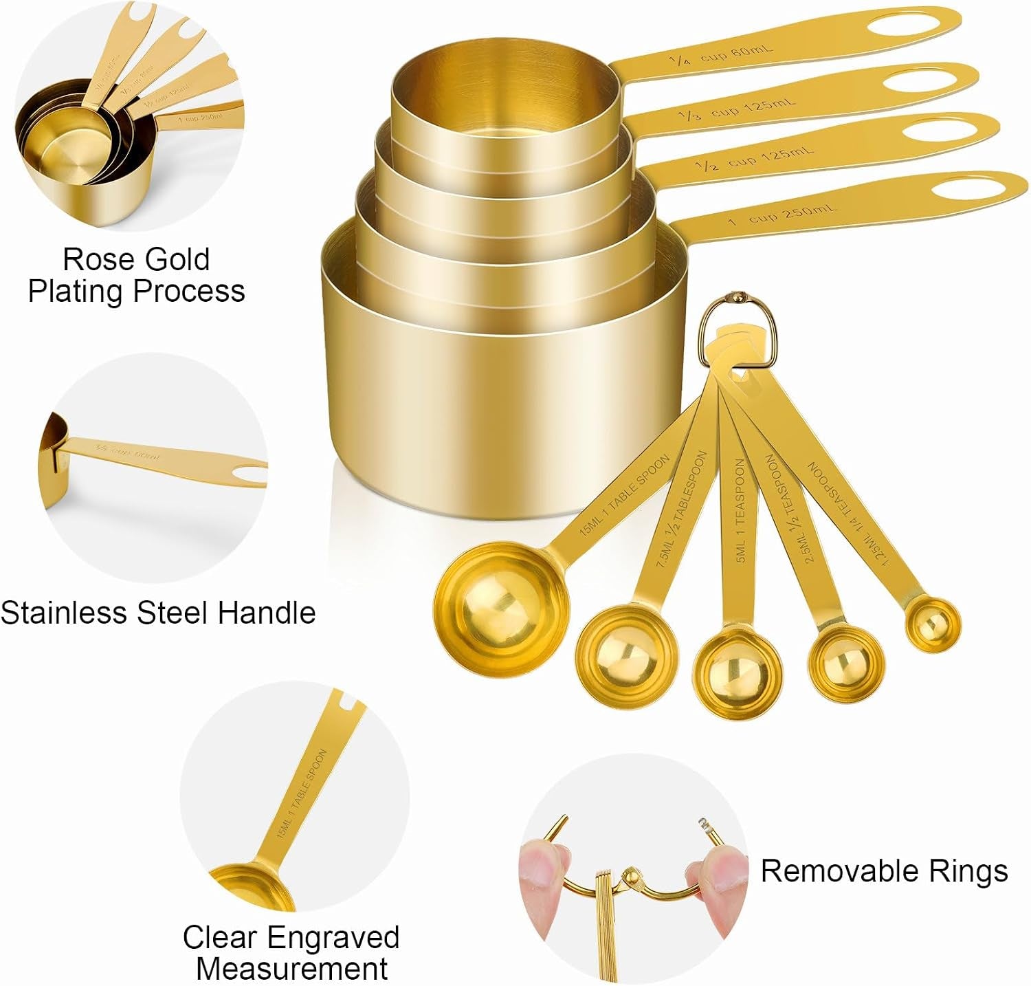 9pcs-304-stainless-steel-measuring-cups-spoons-stackable-long-handle-fits-narrow-jars-golden-finish-metric-us-measures-for-dry-liquid-ingredients-rust-proof-for-baking-cooking