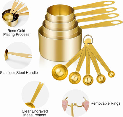 9Pcs 304 Stainless Steel Measuring Cups & Spoons, Stackable Long Handle Fits Narrow Jars, Golden Finish, Metric & US Measures for Dry/Liquid Ingredients, Rust-Proof for Baking & Cooking3