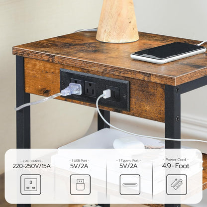 Side Table with Charging Station and USB Port, Small End Table for Small Space, 3-Tier Nightstand with Adjustable Shelf, for Living Room, Bedroom, Rustic Brown BF112BZ014