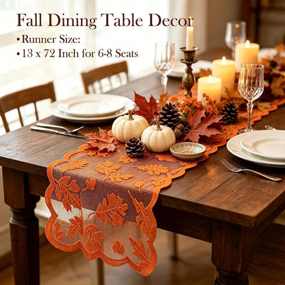 Fall Table Runner Fall Decorations for Home 13 X 72 Inch Maples Leaves Lace | Fall Decor Orange Runners Thanksgiving Table Runner Autumn Harvest Thanksgiving Decorations for Table Kitchen Dining Party3