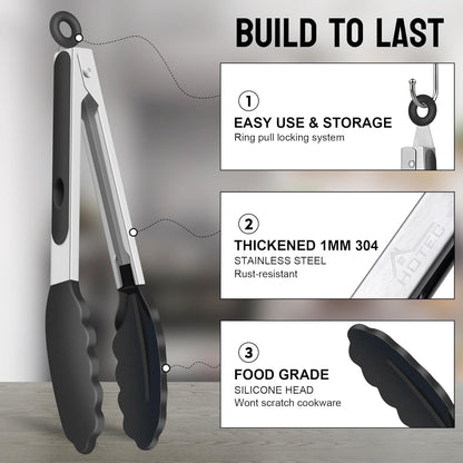 Premium Stainless Steel Locking Kitchen Tongs with Silicon Tips, Set of 2-9" and 12"5