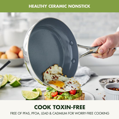 Valencia Pro Tri-Ply Stainless Steel 8” Frying Pan Skillet, Pfas-Free Ceramic Nonstick Coating, Induction Ready Cookware, All Cooktops, Eggs & Omelets, Dishwasher & Oven Safe 600F2