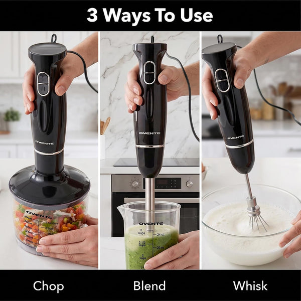 Electric Hand Blender Set with 2 Mixing Speeds, 300W Black HS565B | Corded Immersion Handheld Stick Mixer with Stainless Steel Blades, Egg Whisk, Beaker & Bpa-Free Food Chopper5