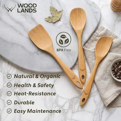 Prime Bamboo Wooden Spoons for Cooking Set of 3 Pcs – Wooden Cooking Utensils with Long Handle, Includes Flat Wood Spoon, Bamboo Spatula, and Slotted Spoon for Kitchen Utensils Set9