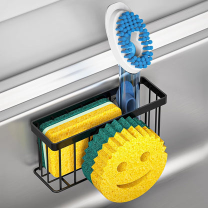 Sponge Holder Smiley Face, Sink Organizer with 2 Suction Cups/1 Adhesive Strips, Designed for Sponge, Soap, Dish Brush, Scrubber - Black1