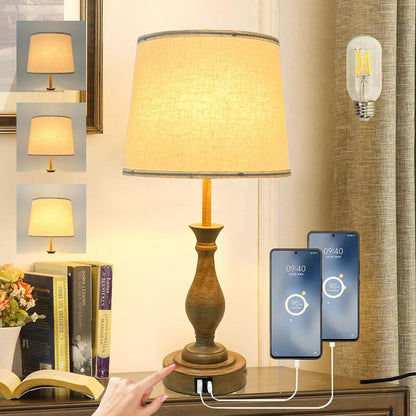 Farmhouse Table Lamp Touch Control 3-Way Dimmable Table Lamp, Modern Nightstand Lamp with 2 USB Port Bedside Desk Lamp with Fabric Shade for Living Room (Pack 1-Beige Shade & Touch)8