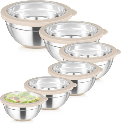 Mixing Bowls with Clear Lids, Stainless Steel Salad Bowls, Khaki1