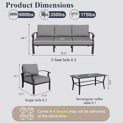 Aluminum Patio Furniture Set with Coffee Table Rectangular, 8-Seat Outdoor Sectional Furniture W/5.1" Cushions, Patio Conversation Set for Porch, Backyard, Poolside-Grey2
