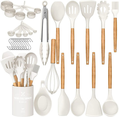 Kitchen Cooking Utensils Set, 33 Pcs Non-Stick Silicone Cooking Kitchen Utensils Spatula Set with Holder, Wooden Handle Silicone Kitchen Gadgets Utensil Set (Cream White)1