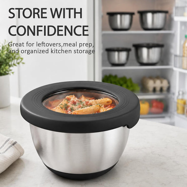 Stainless Steel Mixing Bowls with Lids – Set of 5 Large Nesting Metal Bowls for Kitchen, Baking, Cooking, Food Prep & Storage, Non-Slip Base, Dishwasher Safe,Black6