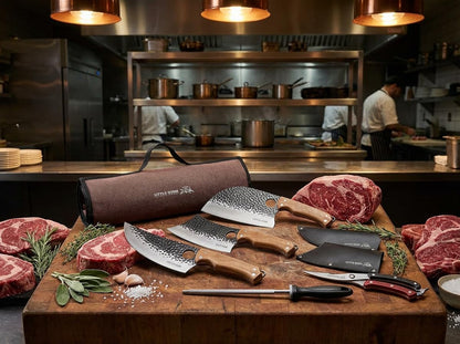 9PCS Butcher Knife Set, 7" Butcher Meat Cleaver, a 7" Serbian Chef Knife, a 6.5" Viking Knife, 3 Knife Sheath, Poultry Shears, Honing Steel and Knife Roll Bag (Unique Bull Pattern)9