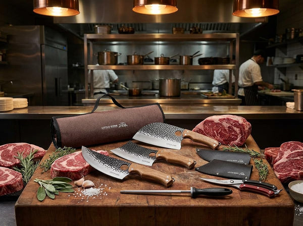 9PCS Butcher Knife Set, 7" Butcher Meat Cleaver, a 7" Serbian Chef Knife, a 6.5" Viking Knife, 3 Knife Sheath, Poultry Shears, Honing Steel and Knife Roll Bag (Unique Bull Pattern)9