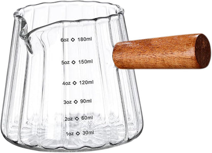 6OZ Wooden Handle Espresso Measuring Cup, Borosilicate Glass Milk Frothing Pitcher with Double Scale & V-Shaped Spout, Dishwasher Safe Coffee Accessories1
