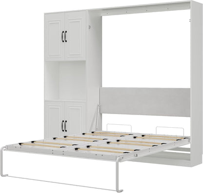 Queen Murphy Bed with 1 Storage Cabinet/Padded Headboard, Concealed Vertical Wall Bed, Featuring Hydraulic Struts/Skirting Groove/Securing Straps, Suitable for Guest Room/Studio7