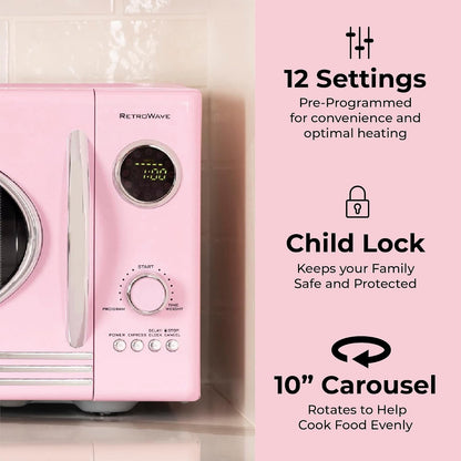 Retro Countertop Microwave Oven - Large 800-Watt - 0.9 Cu Ft - 12 Pre-Programmed Cooking Settings - Digital Clock - Kitchen Appliances - Pink & Retro Wide 2-Slice Toaster, Vintage Design3