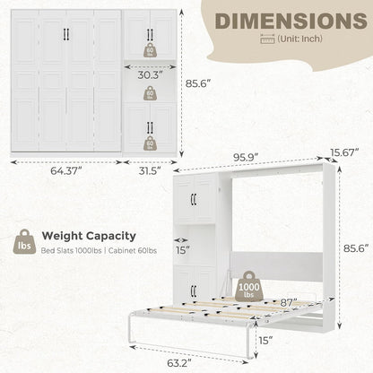 Queen Murphy Bed with 1 Storage Cabinet/Padded Headboard, Concealed Vertical Wall Bed, Featuring Hydraulic Struts/Skirting Groove/Securing Straps, Suitable for Guest Room/Studio2