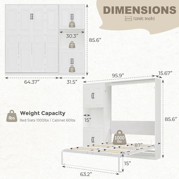 Queen Murphy Bed with 1 Storage Cabinet/Padded Headboard, Concealed Vertical Wall Bed, Featuring Hydraulic Struts/Skirting Groove/Securing Straps, Suitable for Guest Room/Studio2