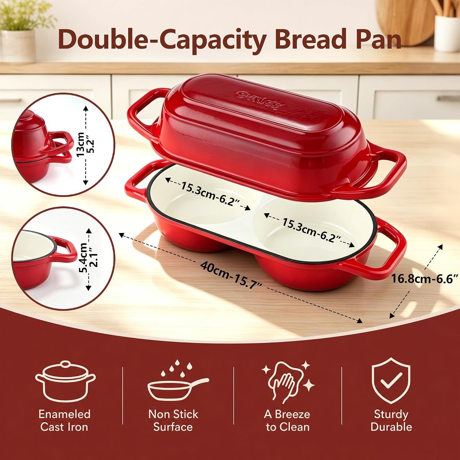 double-dutch-oven-for-sourdough-bread-baking-enameled-cast-iron-loaf-pan-with-lid-bread-pan-non-stick-double-round-loaf-space-15-3cm-diameter-ideal-for-home-bread-baking-red