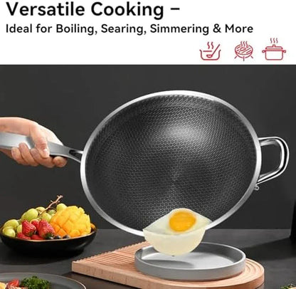 5-Piece Stainless Steel Flatware Set and Coating-Free Hybrid Stainless Steel Wok with Lid, 12.6" Flat-Bottom Stir-Fry Pan5