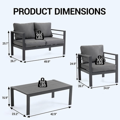 Patio Furniture Set 4 Pieces, Outdoor Sectional with Coffee Table, Metal Patio Conversation Set with Washable Covers for Porch, Balcony, Deck, Grey3
