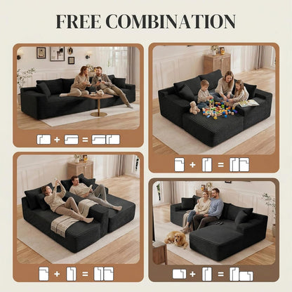 95" L Shaped Cloud Boneless Sectional Couches for Living Room, Modern Comfy Modular Deep Seat Memory Foam Compressed Corduroy Sofa Oversized Right Facing Chaise, No Assembly Required, Balck6