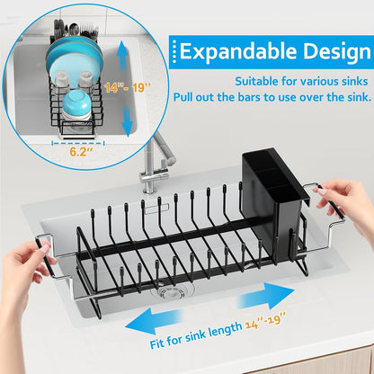 Sink Dish Drying Rack - Expandable Small Dish Rack over Sinks with Silicone Drying Tray, Dish Drainer for Kitchen Counter with Cutlery Holder, Drying Rack Fit for 14’’-19’’ Kitchen Sink3