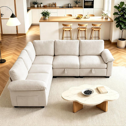 85 Inch Modular Sectional Sleeper Sofa with Pull Out Bed,L Shaped 5 Seat Sectional Couch with Storage, Modern Chenille Cloud Couch, Convertible Sectional Couches for Living Room, Apartment, Beige7