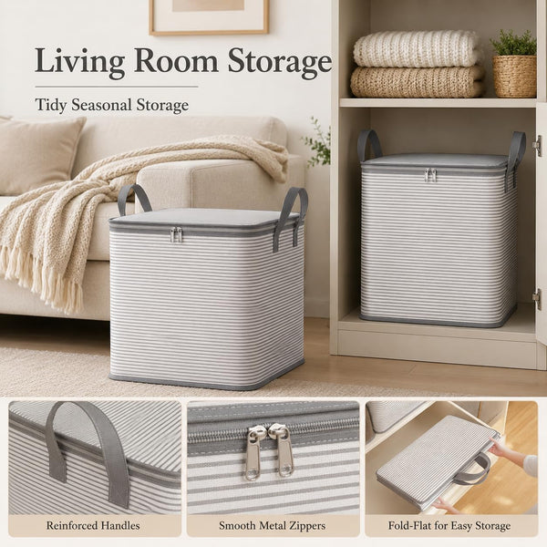 2 Pack 100L Extra Large Capacity Storage Box, 20X16X20 in Foldable Moving Bin with Zipper and Handle, Reinforced Fabric Organizing Bag for Blanket Quilt Clothes Bedding, Gray3