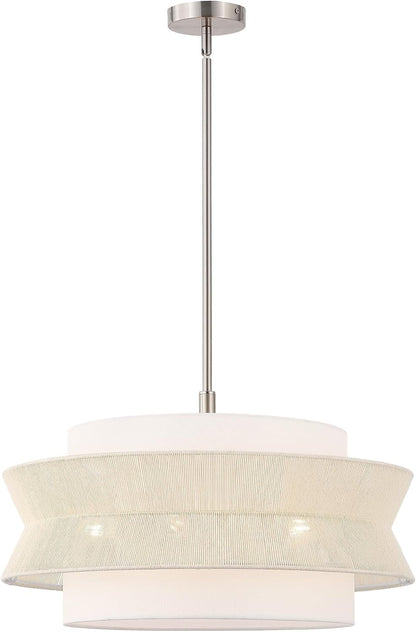 24 in 5-Light Drum Chandelier, Modern Farmhouse Hanging Light with Dual-Layer Woven Rope & Fabric Shade, Brushed Nickel Pendant Light, Adjustable for Dining Room, Kitchen Island, Entryway7