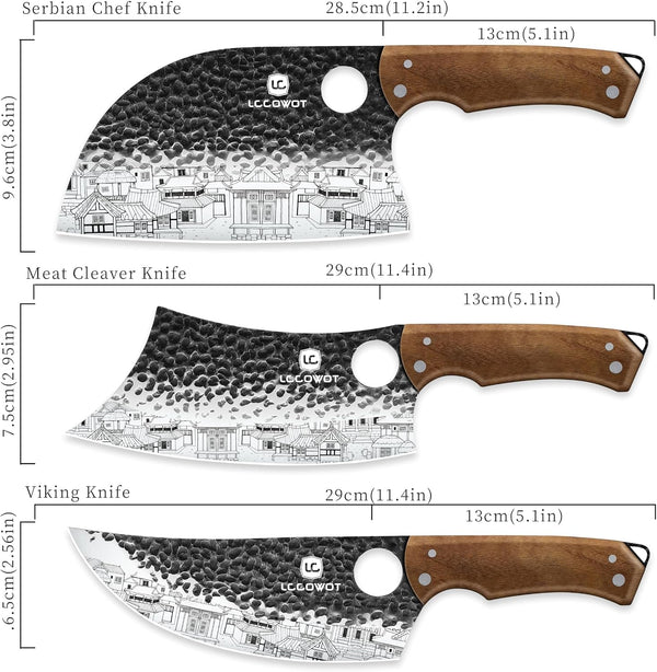 3PCS Butcher Knife Set, Includes 7" Butcher Meat Cleaver, 7" Serbian Chef and 6.5" Viking Knife, Stainless Steel Kitchen Knife Set with Wood Handle, Geat for Indoor&Outdoor (Stylish Pattern)3