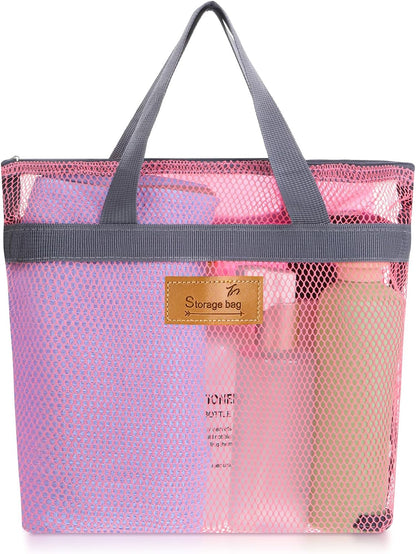 Portable Gym Shower Bag, Mesh Shower Caddy Bag, Quick Dry Hanging Toiletry and Bath Organizer with Zipper for College Dorm, Gym, Yoga, Swimming Pool, Travel(Pink)1