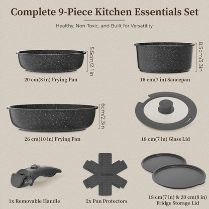 9Pcs Granite Nonstick Pots and Pans Set, Stackable, Oven Safe | Non-Toxic Cookware Set with Detachable Handle for Rvs, Camping, Pfos/Pfoa-Free Induction Compatible2