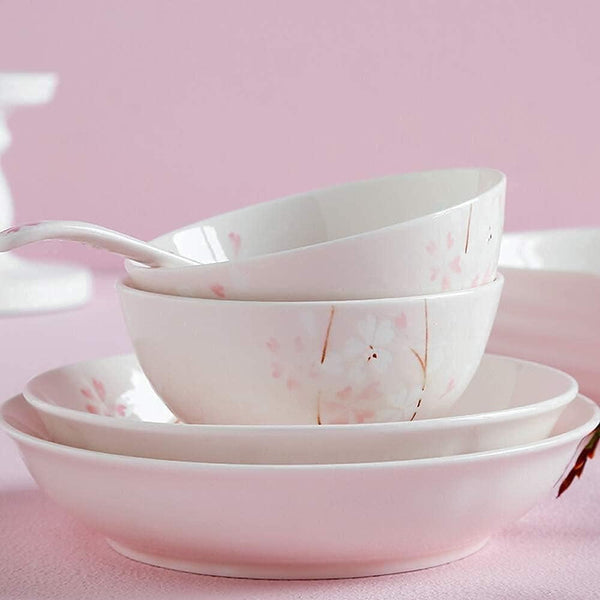 20 Pieces Dinnerware Set, Patterned Porcelain Japanese Cherry Blossom Dinner Set with Bowl Soup Plate, Service for 65