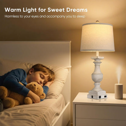 28'' Washed White Resin Table Lamp Set of 2,Beside Lamp with USB Port | Rocker Switch, 2 Bulbs Included, 6W, 2700K Warm Light, Farmhouse Bedside Lamp for Nightstand, Desk, Livingroom, Bedroom Decor4