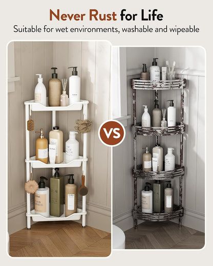 Rustproof 3 Tier Floor Standing Corner Shower Caddy Organizer, Plastic Aluminium Splicing Floor Corner Shelf Rack Stands for Bathroom, White4