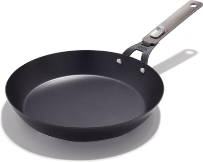 OXO Outdoor Pre-Seasoned Carbon Steel 10" Frying Pan Skillet, Detachable Handle for Easy Storage, Indoor Use, Nonstick with Use, Induction Suitable,Oven & Broiler Safe,Browning, Grill,Sear,Saute,Black1