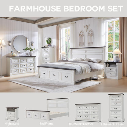 Farmhouse King Size Bed Frame W/51 Tall Headboard, Antique White6