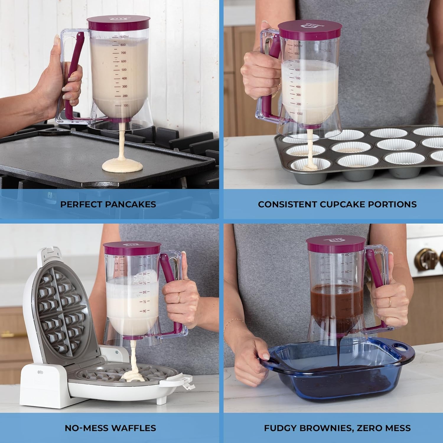 pancake-batter-dispenser-squeeze-handle-for-pancakes-waffles-cupcakes-griddle-use-cake-crepe-and-muffin-batter-measuring-marks-easy-portion-control-mess-free-pouring-4-cup-capacity-purple