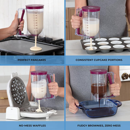 Pancake Batter Dispenser, Squeeze Handle for Pancakes, Waffles & Cupcakes | Griddle Use, Cake, Crepe and Muffin Batter, Measuring Marks, Easy Portion Control, Mess-Free Pouring, 4-Cup Capacity, Purple.2