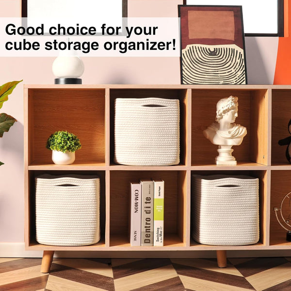 11 Inch Cube Storage Bins, Woven Cotton Rope Basket off White4