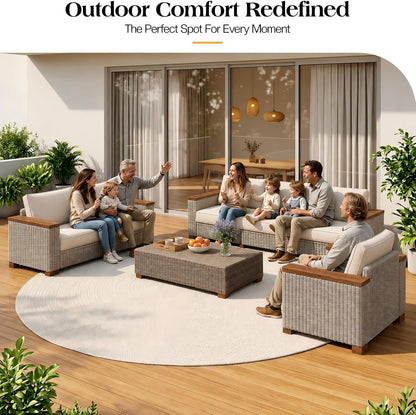 6-Piece Wicker Patio Furniture Set with Solid Wood Armrest, Outdoor Patio Set with Thick Legs, Uv-Resistant Modular Outdoor Sectional Sofa for Backyard, Porch, Garden3