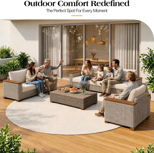 6-Piece Wicker Patio Furniture Set with Solid Wood Armrest, Outdoor Patio Set with Thick Legs, Uv-Resistant Modular Outdoor Sectional Sofa for Backyard, Porch, Garden3