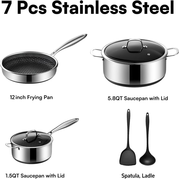 7-Piece 5 Ply Stainless Steel Cookware Set with Lids, Pots and Pans Set Non Stick, Non-Toxic, for Induction, Oven, Dishwasher Safe, RV Essentials, Kitchen Appliances+2