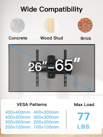Full Motion TV Wall Mount for Most 26-65 Inch Flat & Curved Tvs up to 77 Lbs, Adjustable Bracket Height, Corner TV Mount with Single Articulating Arm, Max VESA 400X400Mm, PIMF92
