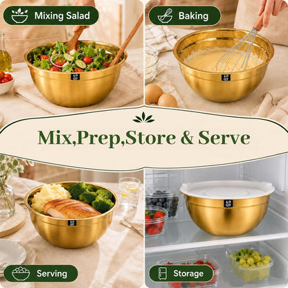 5-Piece Gold Stainless Steel Mixing Bowls with White Lids, Nesting Mixing Bowl Set in 1.5, 2.1, 3.5, 4 and 4.5 QT Sizes for Baking, Cooking, Meal Prep, Salad, Everyday Kitchen Use and Food Prep4