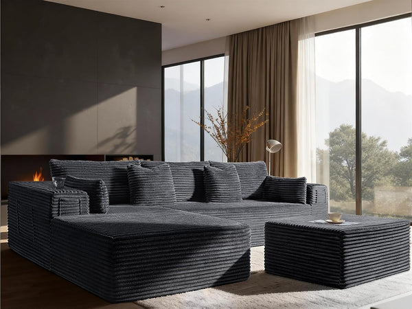 108" Oversized Cloud Sectional Couch, Comfort U Shaped Boneless Couch for Living Room, Extra Deep Seats No Assembly, Modular Sofa, Corduroy (Dark Grey, 2 Seater + Left Facing Chaise + Ottoman)1