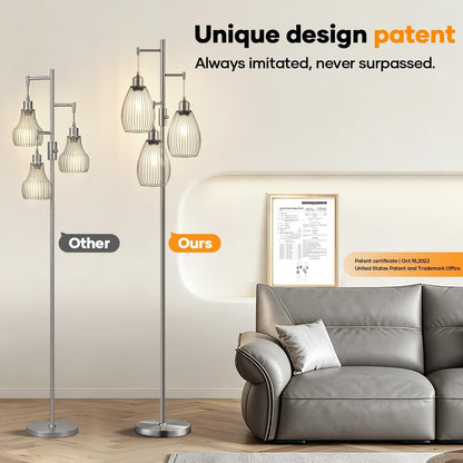 Dimmable Floor Lamp, 3 X 800LM LED Edison Bulbs Included, Industrial Floor Lamp Standing Tree Lamp with Elegant Teardrop Cage Heads Tall Lamps for Living Room Bedroom-Brushed Nickel8