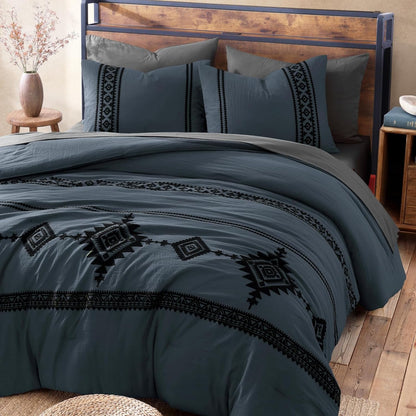 Embroidery Queen Comforter Set 7 Pieces Blue Grey Bed in a Bag3