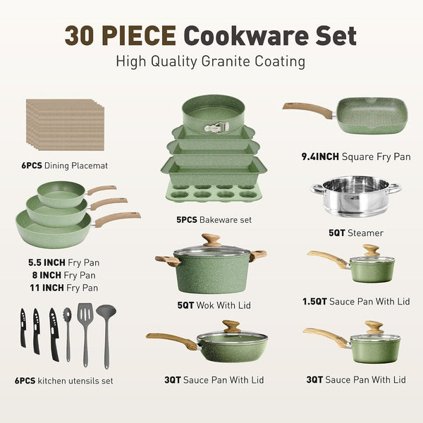 30 Piece Pots and Pans Set, Kitchen Cookware Sets Non Stick | Induction Compatible, PFOA & PFOS Free, Bakeware Sets with Baking Tray, Frying Pan and Saucepan, Green2