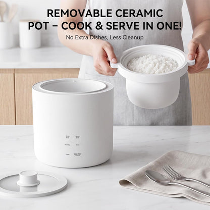 Mini Rice Cooker 2 Cup Uncooked, Small Electric Cooker, with 4 Cooking Functions, 24 Hour Preset and Heat Preservation, anti Scald Carry Handle | Portable Rice Maker with 4 Cooking Functions, Nonstick Ceramic Coating, 24 Hour Preset, Auto Keep Warm for 1-2 People3